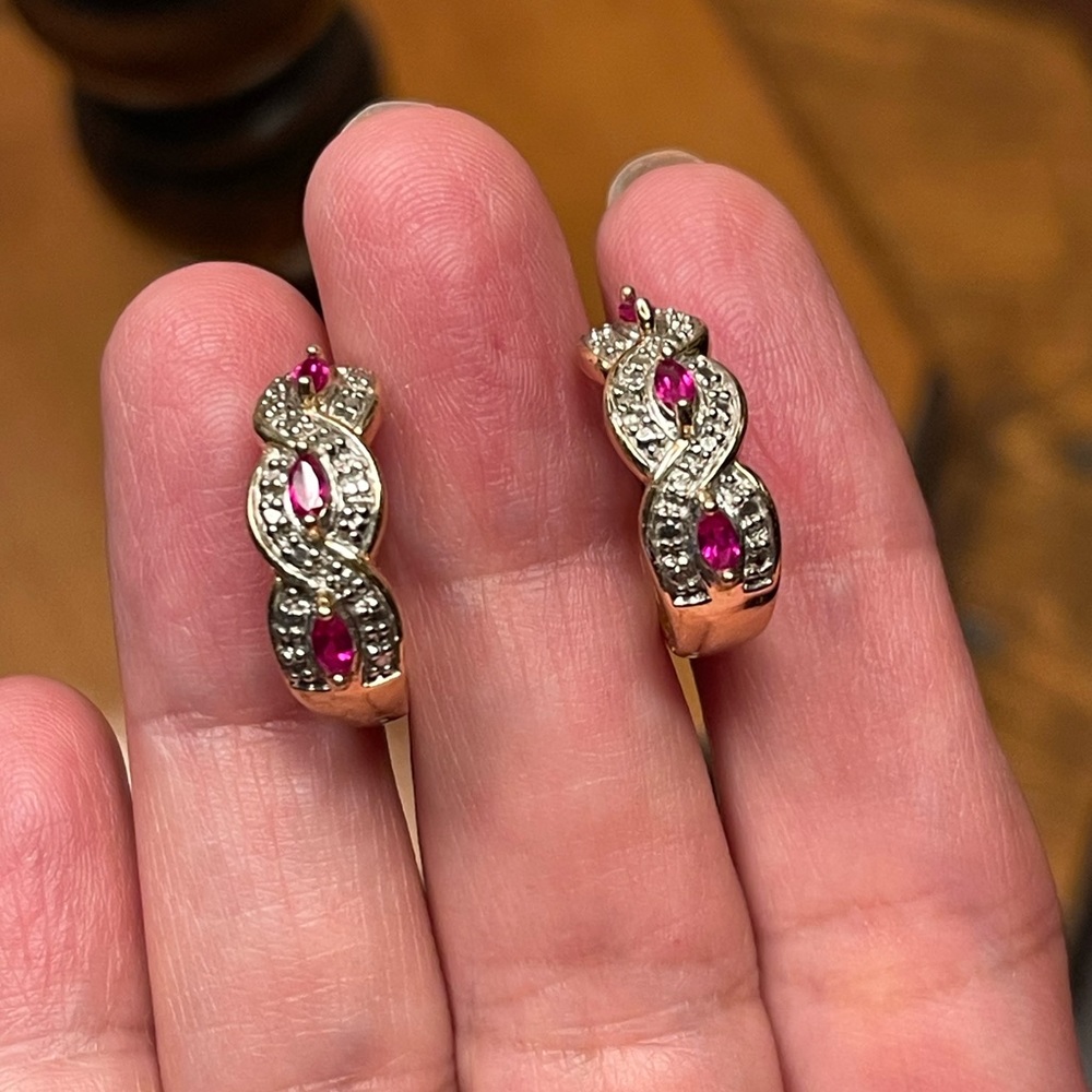 Natural diamond & lab grown ruby gold plated sterling silver earrings - Picture 5 of 12